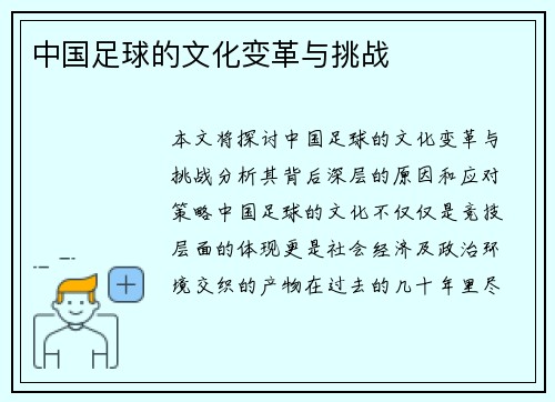中国足球的文化变革与挑战