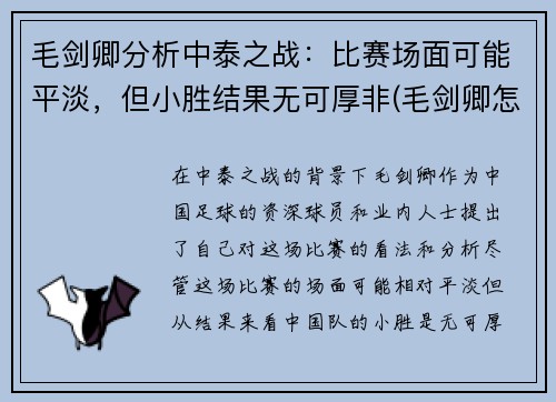 毛剑卿分析中泰之战：比赛场面可能平淡，但小胜结果无可厚非(毛剑卿怎么了)