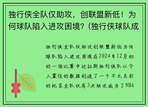 独行侠全队仅助攻，创联盟新低！为何球队陷入进攻困境？(独行侠球队成员)