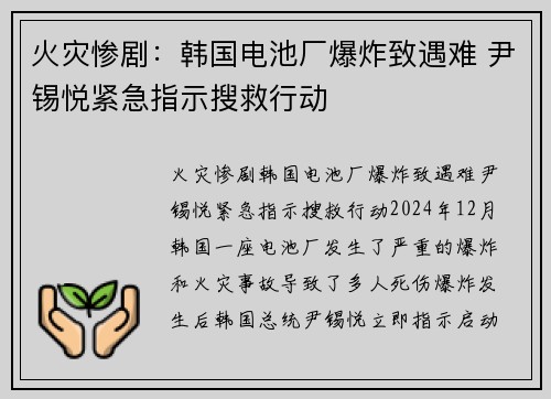 火灾惨剧：韩国电池厂爆炸致遇难 尹锡悦紧急指示搜救行动