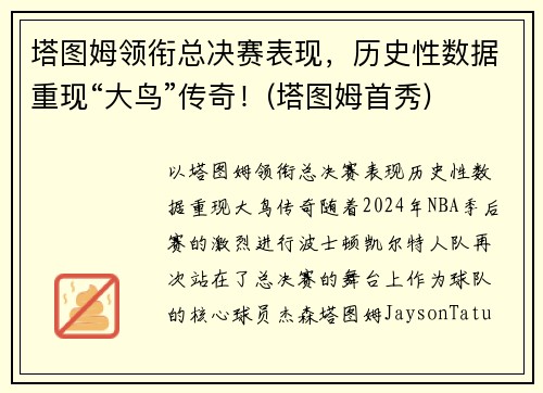 塔图姆领衔总决赛表现，历史性数据重现“大鸟”传奇！(塔图姆首秀)