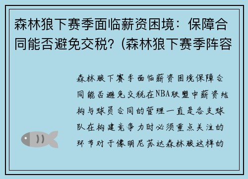 森林狼下赛季面临薪资困境：保障合同能否避免交税？(森林狼下赛季阵容)
