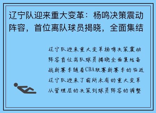 辽宁队迎来重大变革：杨鸣决策震动阵容，首位离队球员揭晓，全面集结备战新赛季